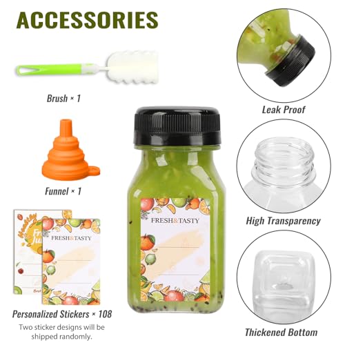 TOMNK 100pcs 4oz Juice Bottles, Reusable Small Shot Bottles with Lids, Labels, Funnel and Brush Beverage Containers for Juicing, Ginger Shots, Milk and Beverages
