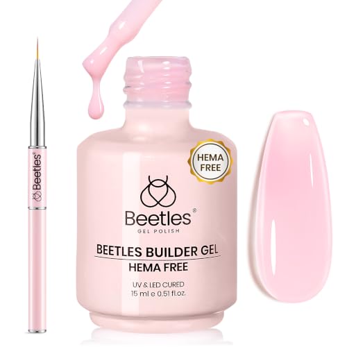 Beetles Builder Gel for Nails 0.5oz Jelly Pink Building Gel HEMA & TPO Free 7 in 1 for Strengthening Nails Building Apex & Extension with Nail Art Brush Beginner Friendly DIY UV Nail Salon at Home