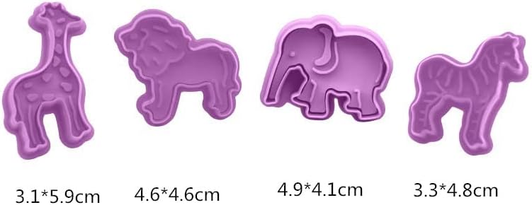 4 Pack 3D Animal Cookie Cutters Fondant Biscuit Mould Cake Molds Sugarcraft Cake Decoration Baking Pastry Tools Crackers Plunger Cutter Stamp Candy Lion Giraffe Zebra Elephant (Purple)
