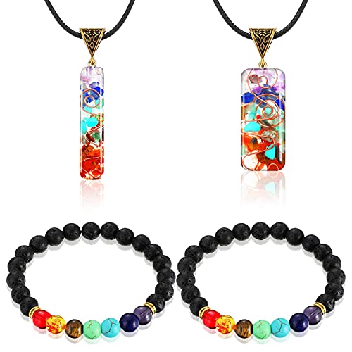 Nosiny 4 Pieces Healing Chakra Necklace Bracelet Set, 2 Pieces Healing Crystal Pendant Necklaces Reiki Healing Stones Necklace, 2 Pieces Lava Rock Bead Bracelets Natural Stone Beaded Bracelets
