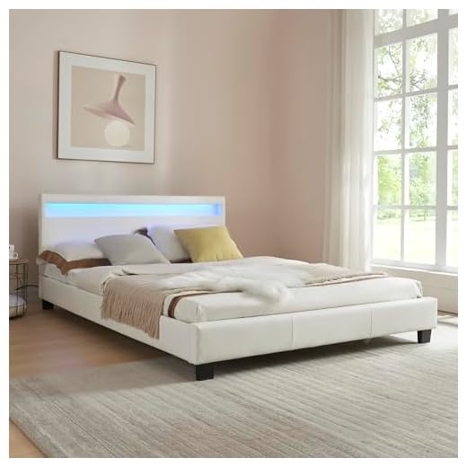 Corium Cama Elegante de Matrimonio tapizada en Piel sintética - con Sistema de iluminación LED - 140x200cm (Blanco) - diseño Moderno