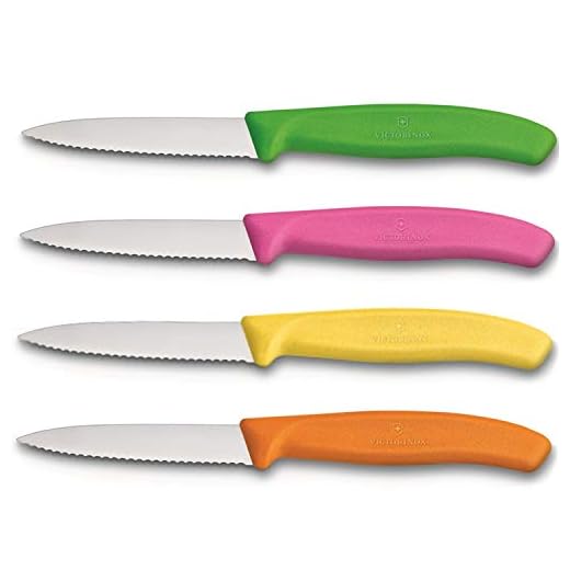 Culinary Depot Victorinox Swiss Stainless Steel Paring Knife 3.25 Inch Serrated Blade, Spear Pointy (Set of 4) Green, Orange, Pink and Yellow Utility Knife Set