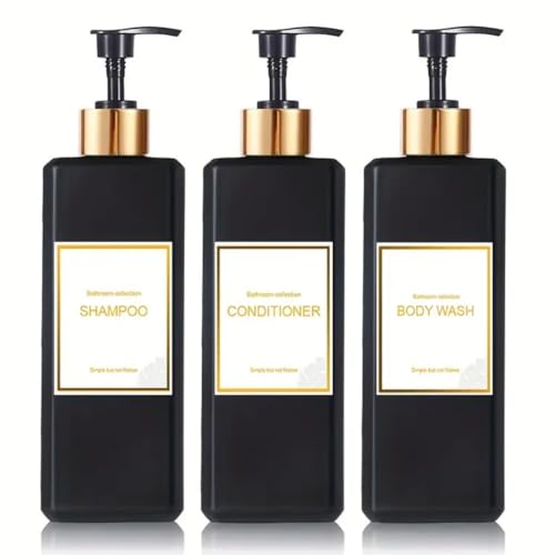 Dispensador Jabon Baño | Set de 3 Botes para Gel Champu y Acondicionador 500ML con Etiquetas Blancas | Este Dosificador Jabon Baño Color Negro es Elegante y Realzará el Estilo de tu hogar