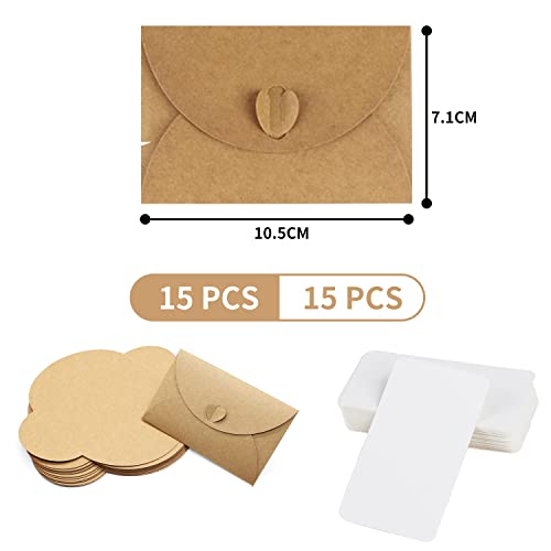 IOPYKKOA 15 Kraftpapier Umschläge mit 15 Blanko Papier Karten, Mini Briefumschläge mit Herz Verschluss für Geschenkkarten DIY Graffiti