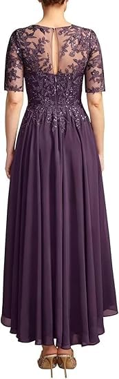 Lace Mother of The Bride Dresses Tea Length Chiffon Applique Formal Evening Gowns with Short Sleeves4