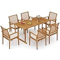 Tangkula 7 Piece Patio Acacia Wood Dining Set for 6, Patio Rectangle Table with Umbrella Hole & 6 Cushioned Armchairs, for Backyard Garden Poolside Deck, Natural