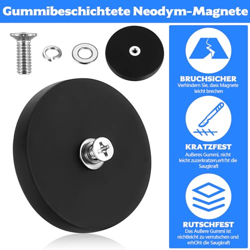 4 Starker Magnet mit Gewinde,43mm Magnet Gummiert mit M4 Schrauben,Neodym Magnete Gummiert,Anti-Rutsch Magneten Magnetfuß,Magnete zum Schrauben für Lichtleisten Fahrzeuge(Extra Stark 15kg Haftkraft)