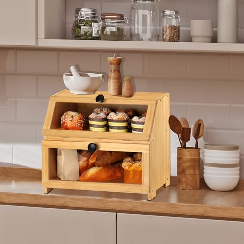 RayLove Panera de madera, panera de doble capa, gran contenedor de almacenamiento de pan para mostrador de cocina, esquina, armario, despensa, armario (Automontaje) (Color Primario)
