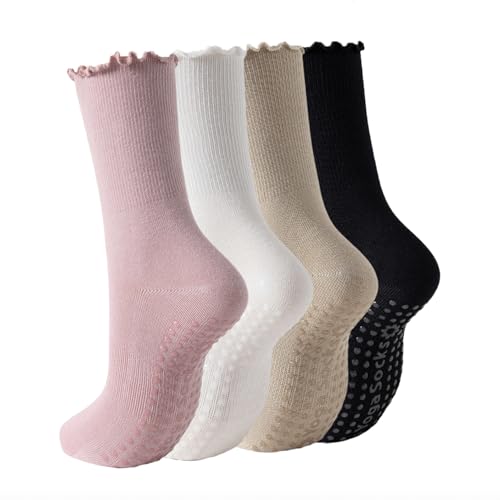 90% Cotton Pilates Yoga Socks with Grips for Women - Crew Length Ballet Barre Socks - Sticky Workout Hospital Socks 4 Pairs