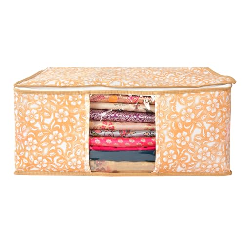 Image of Non-Woven Printed Saree Covers - Cloth Storage /Wardrobe with Transparent Window, Zipper Closure (YELLOW PACK OF 10)
