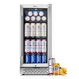 COLOZO 15 Inch Beverage Refrigerator Under Counter, Mini Beverage Fridge with Glass Stainless Steel Door&Lock, 37-64°F 130 Cans Beverage Cooler For Home, Freestanding Drink Fridge for Beer Soda Bar