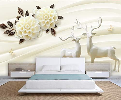 999store 3D White Deers and Flowers Wallpaper (Non-Wooven_17X10 Feet_Multi)