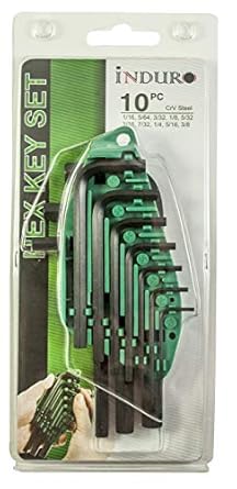 INDURO Hex Allen Key Set (1/16, 5/64, 3/32, 1/8, 5/32, 3/16, 7/32, 1/4, 5/16, 3/8 Inch) - 10 Piece