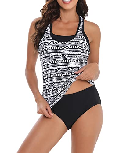 Laorchid Damen Tankini Zweiteiler Push Up Zweiteiliger Badeanzug gepolstert bademode high Waist Badeanzug Bikini Sportlich Böhmen weißer Druck L