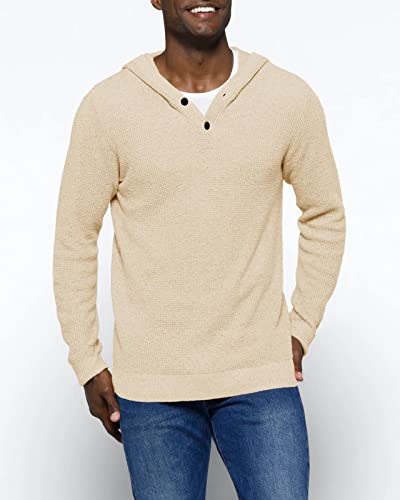 Saodimallsu Mens Waffle Knitted Hoodies Pullover Long Sleeve Buttons Solid Chunky Hooded Sweaters Apricot #TOP1