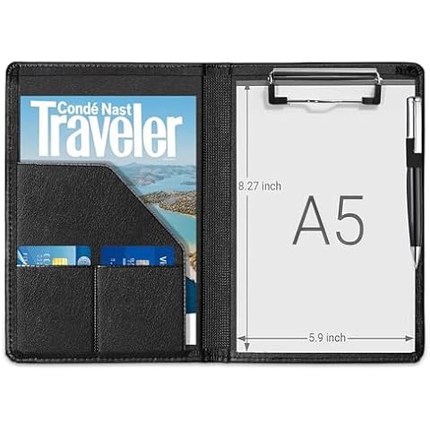 Lcjtop Junior Clipboard Padfolio Binder. A5 Document Organizer Folio Clip Board, Small Folder Portfoli for Writing Pad Refillable 5 x 8 Note Pad,Black Cover