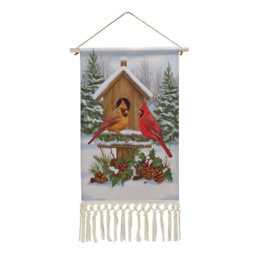 Jubonexis Arazzo da parete in lino, con due uccellini, casetta per uccelli in legno, stile vintage, poster da appendere alla parete, con nappe e asta in legno