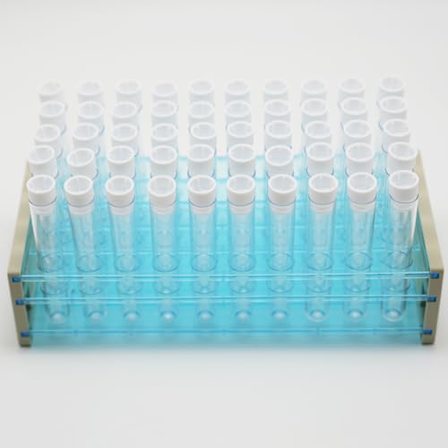 LSVERDE 50 Pcs Plastic Test Tubes with Rack, 16 x 100mm Clear Test Tube with Caps and 50 Holes Tubes Rack Set for Scientific Experiments Candy Beads Liquid Spice Seed Storage Party Decorations