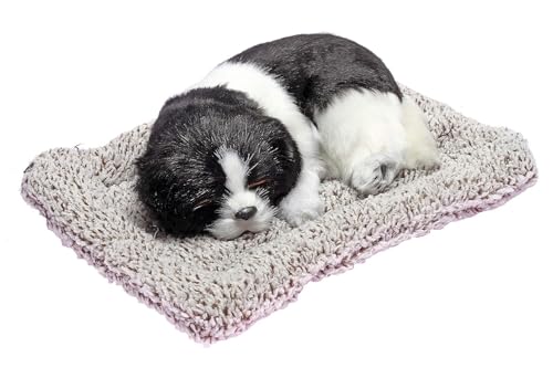 Image of MAHALRAJ Sleeping Dog Stuffed Toy - Sleeping Cute Dog for Car Auto Dashboard and Home Decor | Cute Car Interior Toy, Sleeping Puppy Black & White Stuffed Toy - Size (16cm X 14cm)