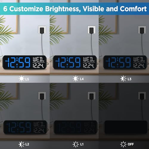 Image of Peakeep Large Display Digital Alarm Clock for Bedrooms, Date Day of Week Calendar Desk Table Clocks for Living Room Office, Dimmable Plug in Electric Clock, 5 Volumes, Loud, Auto DST