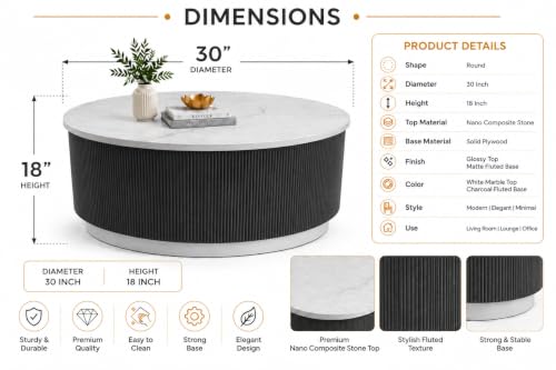 Image of WOODEN SPACE Round Marble-Top Wooden Center Table for Living Room | Modern Entryway Furniture | Coffee Table - 30X30X18 Inch (Dark Grey)