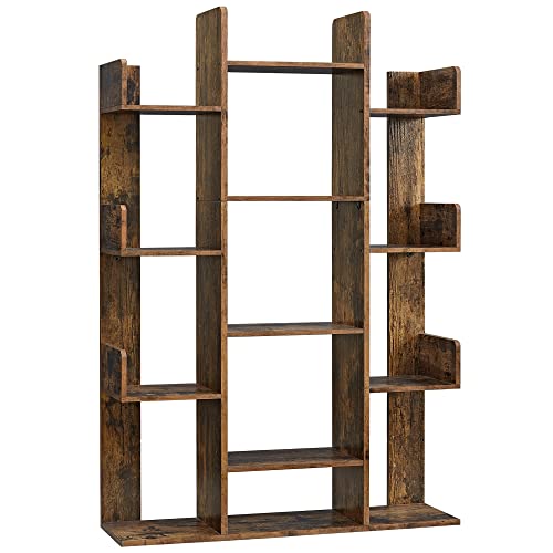 VASAGLE Bookshelf, Tree-Shaped Bookcase with 13 Storage Shelves, Rounded Corners, 9.8”D x 33.9”W x 55.1”H, Rustic Brown ULBC67BXV1 Rustic Brown 13 Storage Shelves Bookcase