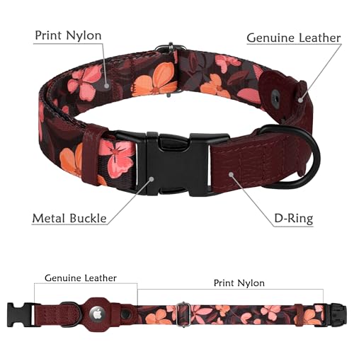 AirTag Dog Collar with Metal Buckle - Printed Nylon Soft Leather Dog Collar with Apple AirTag Holder - Secure Tracking GPS Pet Collars for Girl Boy Small Large Dogs (M, 14"-18" Neck Fit, Crossandra) by BUDKAS - Image 8