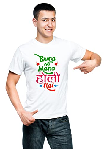 Image of Knitted Polycotton Fabric Regular Fit Men Boys Half Sleeve T-Shirt for Festival of Holi Style 24 White Size : Free