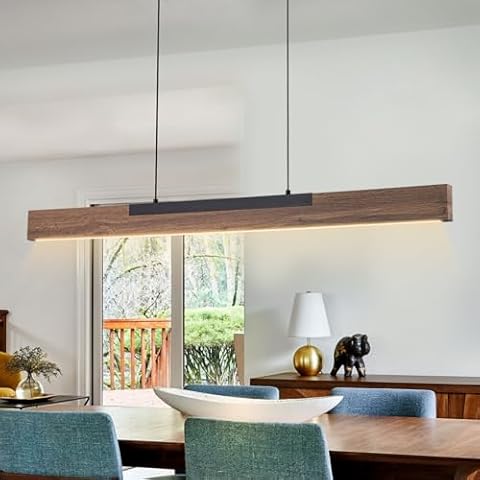 EDISLIVE 49.2 in Wood Linear LED Pendant Light Modern Dimmable LED Chandelier Adjustable Linear Hanging Light Fixture 3000K 24W LED Island Light for Dinning Room Kitchen Black Wood Cover