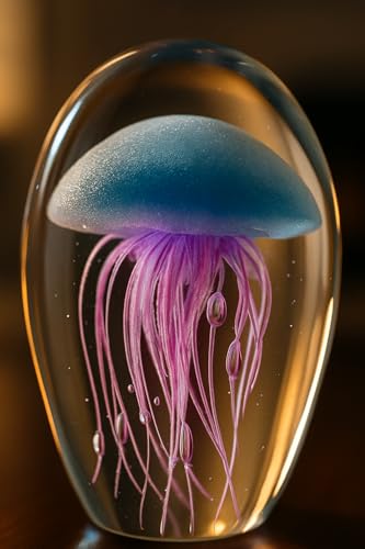 ROCKING GIFTS Ovaler Briefbeschwerer aus Glas mit Qualle in pink und blau, leuchtet im Dunklen, Elegante Tischdekoration für Schreibtisch, Büro, Eingangshalle, Eingangshalle, 16 cm