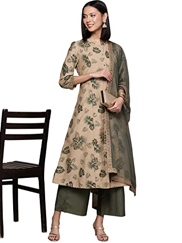 Image of ZIYAA Women's Beige Chanderi A-Line Kurta Palazzo and Dupatta Set