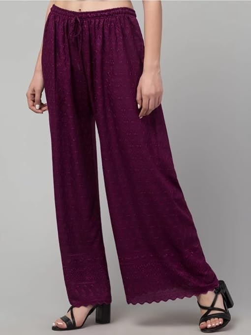 Image of Women's Palazzo Pants Rayon Trousers Chikankari Embroidered Lace Trim Wide Leg Straight Fit Flared Palazzo for Girls & Women