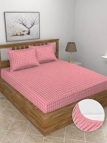 Image of 210 TC Glace Cotton Checked Design Pink Checked Printed Cotton Bedsheet with Pillow Cover - Soft & Breathable Single Bed Sheet 72x78x10 Inche