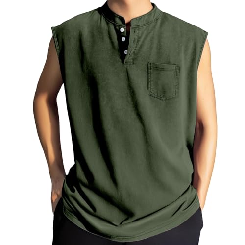Débardeur entraînement homme vert col Henley respirant avec poche taille XXL