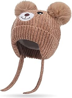 Cute Bear Kids Winter Hat with Ear Flaps 1-5 Years Dual Pom-Pom Chenille Knitted Warm Hat for Baby Girls Boys Fleece Lined Warm Earflap Cap with Strap Toddler Cold Weather Furry Warm Beanie Hat,Khaki