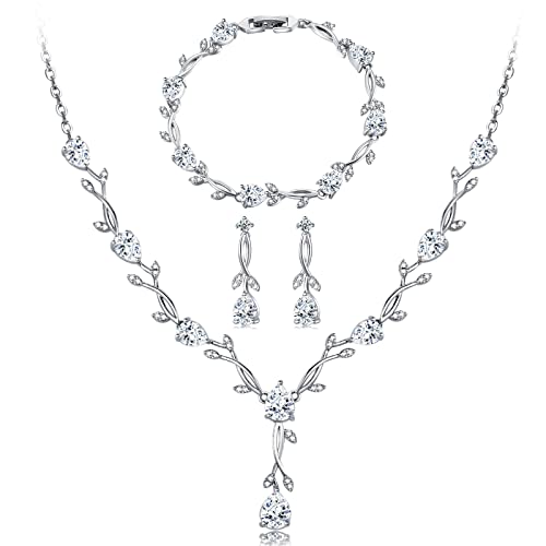 Wedding Jewelry Set For Bride Clear Cubic Zirconia Bride Jewelry Set For Wedding Day 14K White Gold Plated Wedding Jewelry Sets For Women Bridesmaid Flower Bridal Jewelry Set Cz Prom Jewelry Sets #TOP5