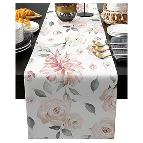 Edwiinsa Cotton Linen Table Runners 13 x 70inch, Watercolor Pink Roses Non-Slip Table Top Decor Bed Runners for Kitchen/Farmhouse/Hotel All Season Use, Spring Floral Vintage Tone 70inches Long Cover