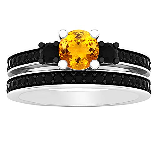 Dazzlingrock Collection 5 Mm Round Citrine & Black Diamond Ladies 3 Stone Engagement Ring Set, Sterling Silver, Size 5.5 #TOP1