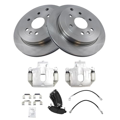 Image of TRQ Rear Brake Pad and Rotor Set Semi Metallic Rotors Calipers Compatible with 2008-2016 Buick Enclave 2009-2017 Chevrolet Traverse 2007-2016 GMC Acadia 2007-2010 Saturn Outlook