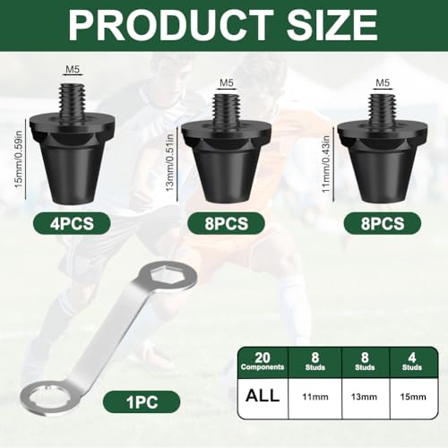 flintronic 20 Stück Schraubstollen für Fussballschuhe, Fußballschuhe Ersatzstollen Stollen, mit Schraubenschlüssel Kompatibel, mit den meisten Fußballschuhen (11mm 13mm 15mm)
