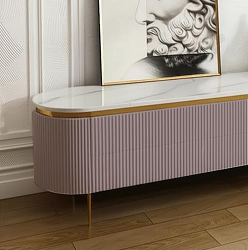 Image of Mazzo Modern TV Unit /Console - 70 inchx12 inchx18 inch White Marble Top with Golden Acrylic, Waterproof Plywood & Charcoal Louvers - Media Cabinet | Modern TV Stand Console Without Storage (Pink)