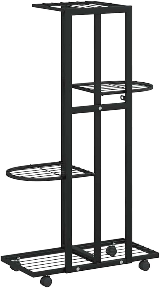 vidaXL 4-Floor Flower Stand with Wheels, Decorative Plant Shelf Stand, Multiple Flower Pot Holder, Storage Display Rack, Black Iron