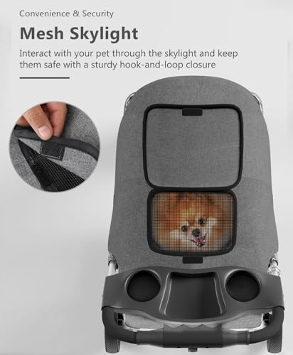 OS MOTOR Pet Stroller with 3 Wheels for Small/Medium Pets, Portable Travel Foldable Carrier Jogger for Dog Cat Puppy Kitty, Rear Wheel Breaks, Storage Basket, Visible Mesh with Weather Cover (Gray)