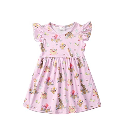 Toddler Girl Bunny Egg Dress Chicks Pattern Flutter Sleeve Princess Party Summer Clothes 5-6Y