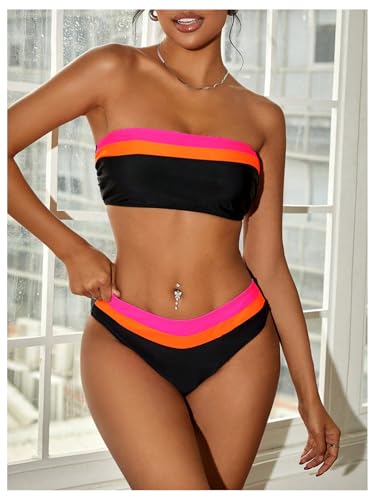 SweatyRocks Women's Strapless Triangle Bikini Set Two Piece Bandeau Swimsuit Color Block Mid Waist Bathing Suits Swimwear4