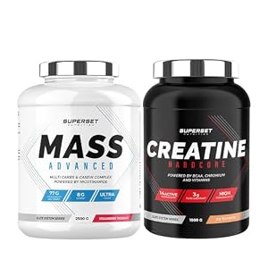 Superset Nutrition – Geavanceerd Gewichtstoename Programma – Mass Advanced 2,5kg Fraise Yogourt – Créatine Hardcore 1,5 kg Ice Tea Pêche