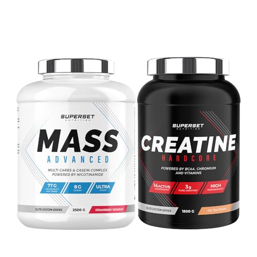 Superset Nutrition - Geavanceerd Gewichtstoename Programma - Mass Advanced 2,5kg Fraise Yogourt - Créatine Hardcore 1,5 kg Ice Tea Pêche