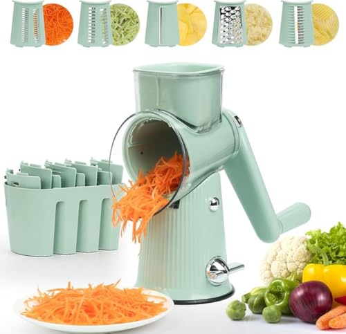 SLLS スライサー 1 台 5 役 5 種ブレード付き 野菜カッター 304 ステンレス刃 食品グレード素材 吸盤式防滑 取り外し可能 クリーニングブラシ & ブレード収納ボックス付き 人参/大根/チーズ用 グリーン
