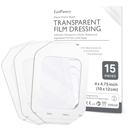 LotFancy Transparent Film Dressing, 4” x 4 3/4”, 15PCS Adhesive Patches, Clear Waterproof Bandage, Wound Cover for Post Surgical Shower, IV Shield, Tattoo Aftercare Bandage, Medical Supplies