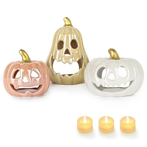 Sunlit Ceramic Pumpkin with 3 Tea Lights, Jack O...